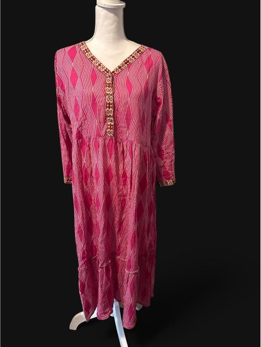 Batik Art Joie de Vivre Pink Geometric Print Cotton Maxi Dress